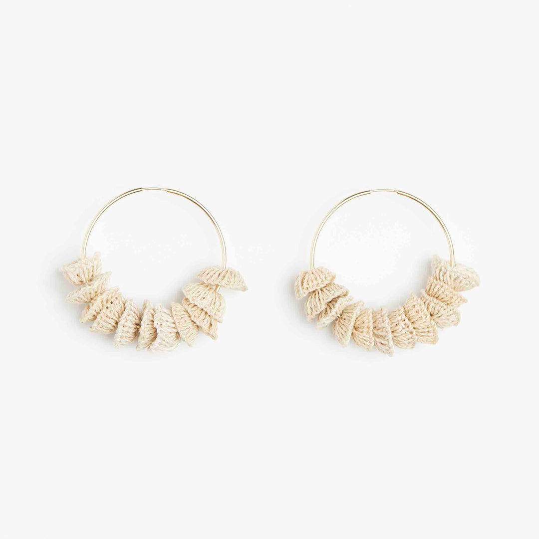 Gold filled sleep hoop earrings with natural fibre handwoven stacked beads. #Gold