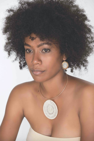 PNG Model wearing Bilum and Bilas jewellery 