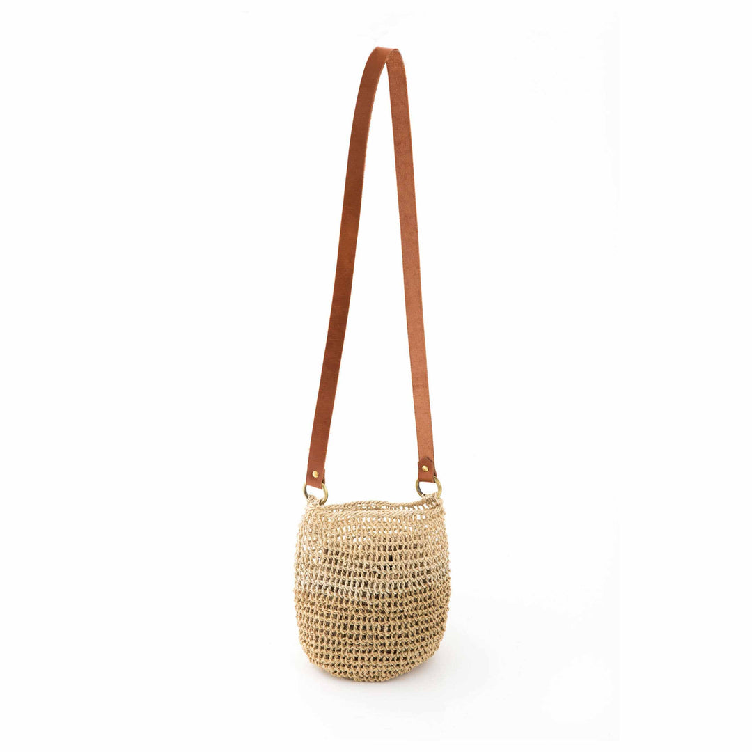 Selina Bucket Bilum from Bilum and Bilas leather strap natural bucket bilum on a white background