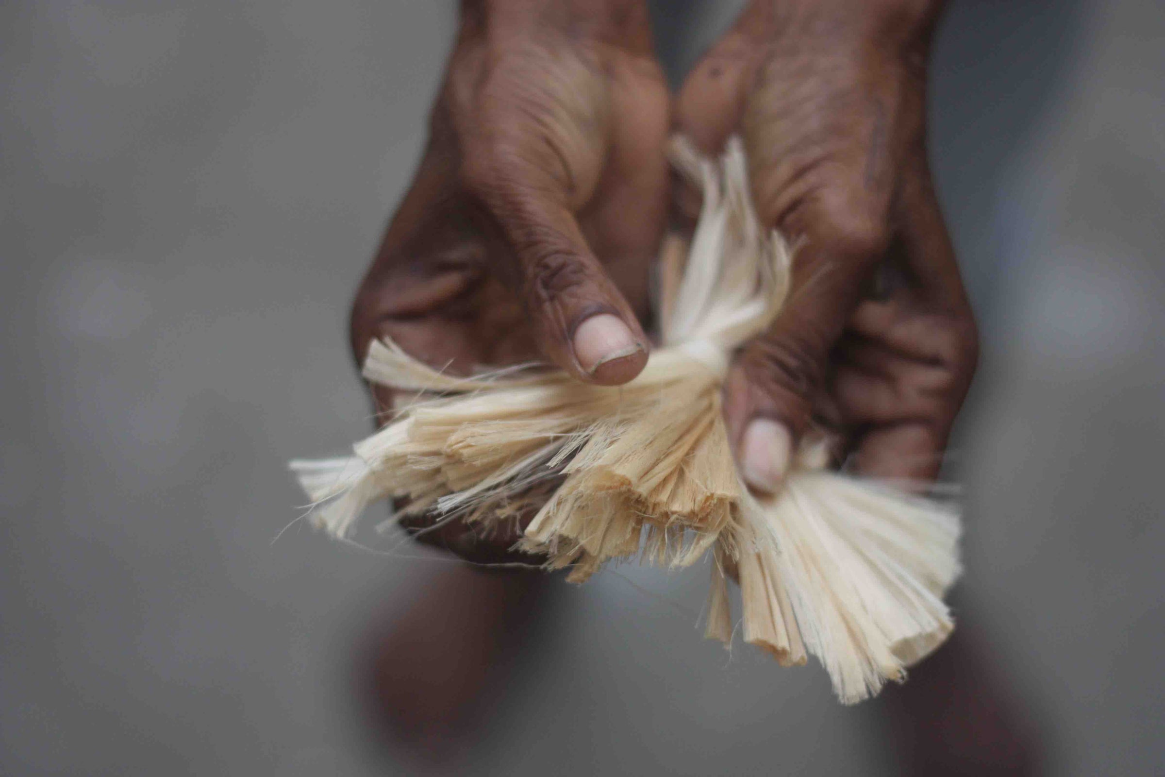 Bilum and Bilas artisan displaying the natural fibre tree bark used in the jewellery and bilum making