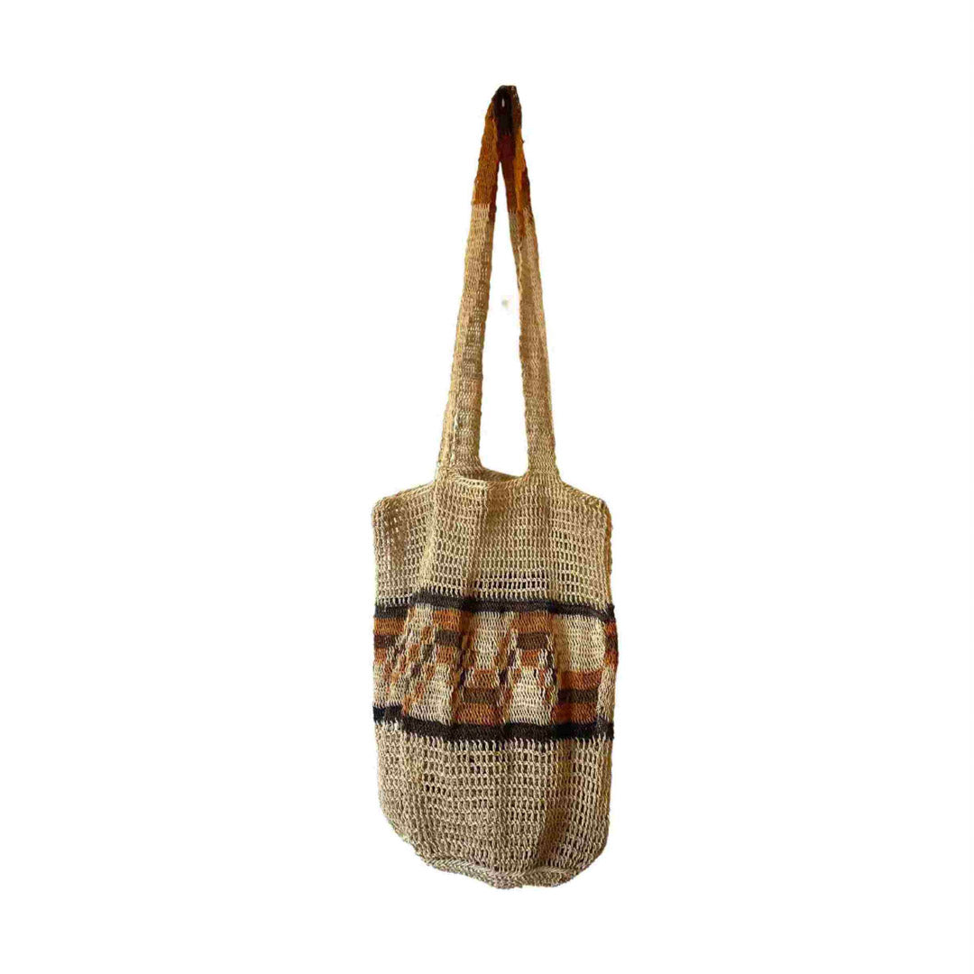 Two style weave pattern bucket bilum with double straps from East Sepik Province in Papua New Guinea.
