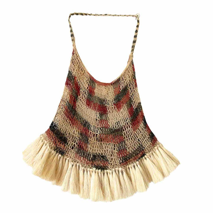 Brown tone pattern bilum with fringing hanging on display.