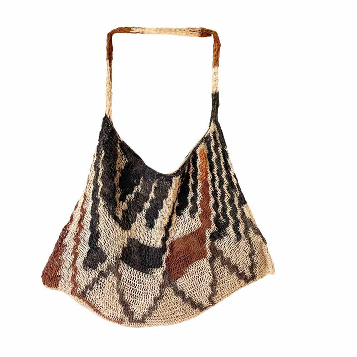 Multicoloured earth tone natural bilum hanging.