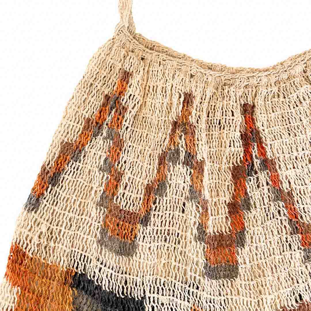 Multi-patterned natural fibre bilum close up on the weave.