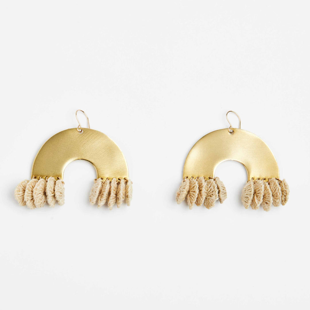 Brass and textile rainbow look earrings front view