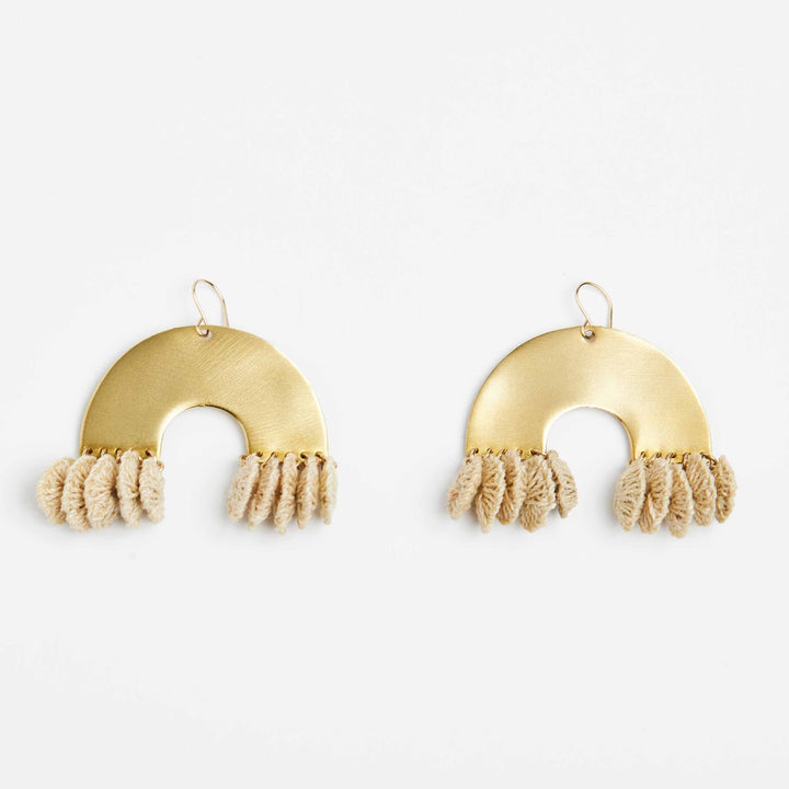 Brass and textile rainbow look earrings front view