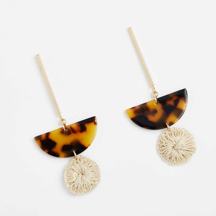 Bilum and Bilas textile and resin drop earrings with gold, fake turtle shell semi circle and textile bead other angle view