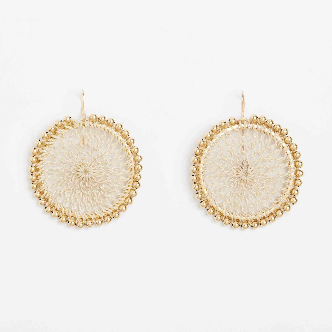 Bilum and Bilas gold beaded woven disc earrings with ear hooks #Gold