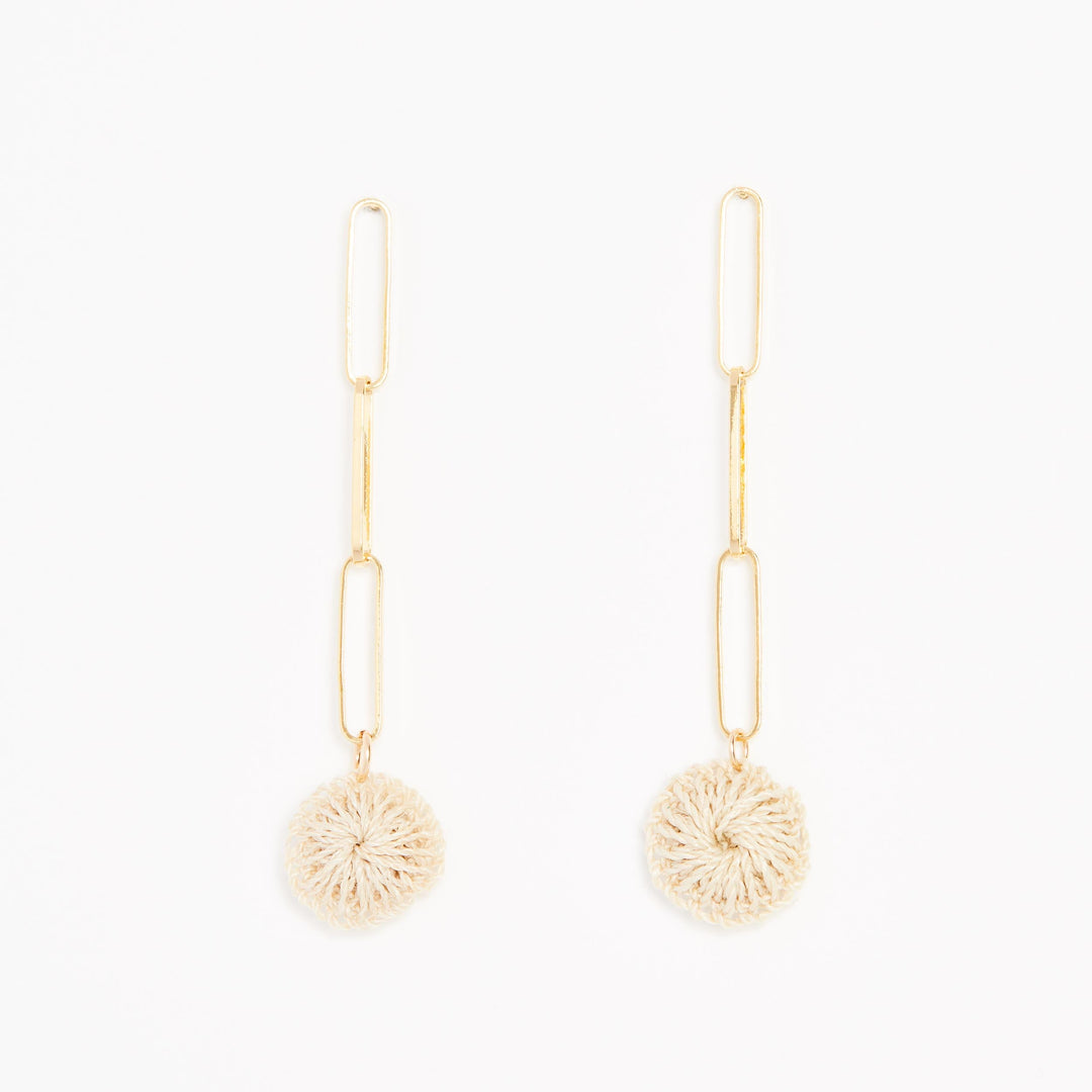 Gold paperclip chain dangle earrings with natural fibre woven disc