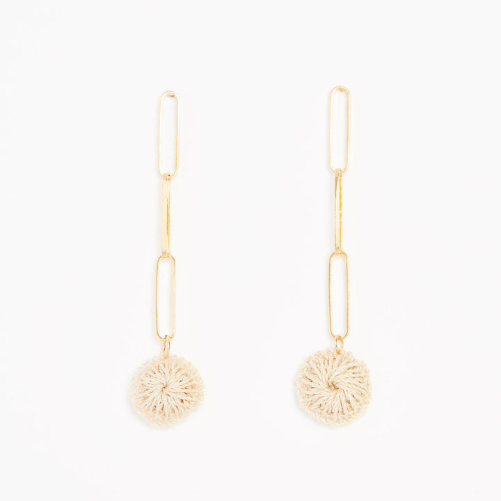 Gold paperclip chain dangle earrings with natural fibre woven disc