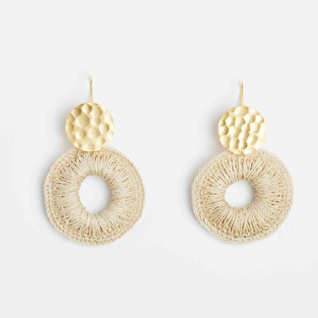 Bilum and Bilas gold disc earrings with natural fibre woven hoop earrings front view