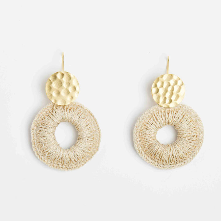 Bilum and Bilas gold disc earrings with natural fibre woven hoop earrings front view