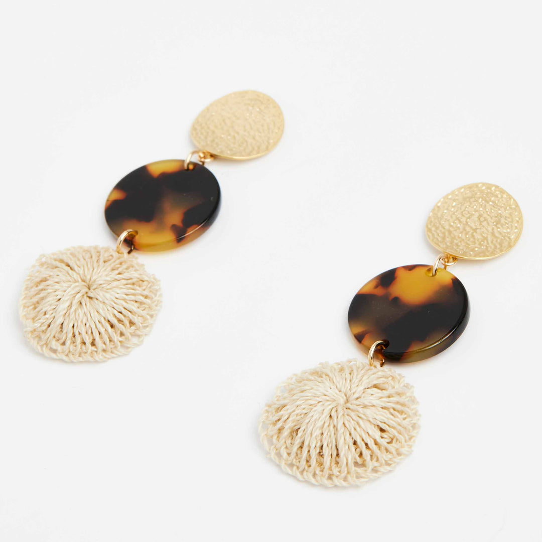 Bilum and Bilas three disc drop earrings with gold, fake turtle shell and textile bead side view