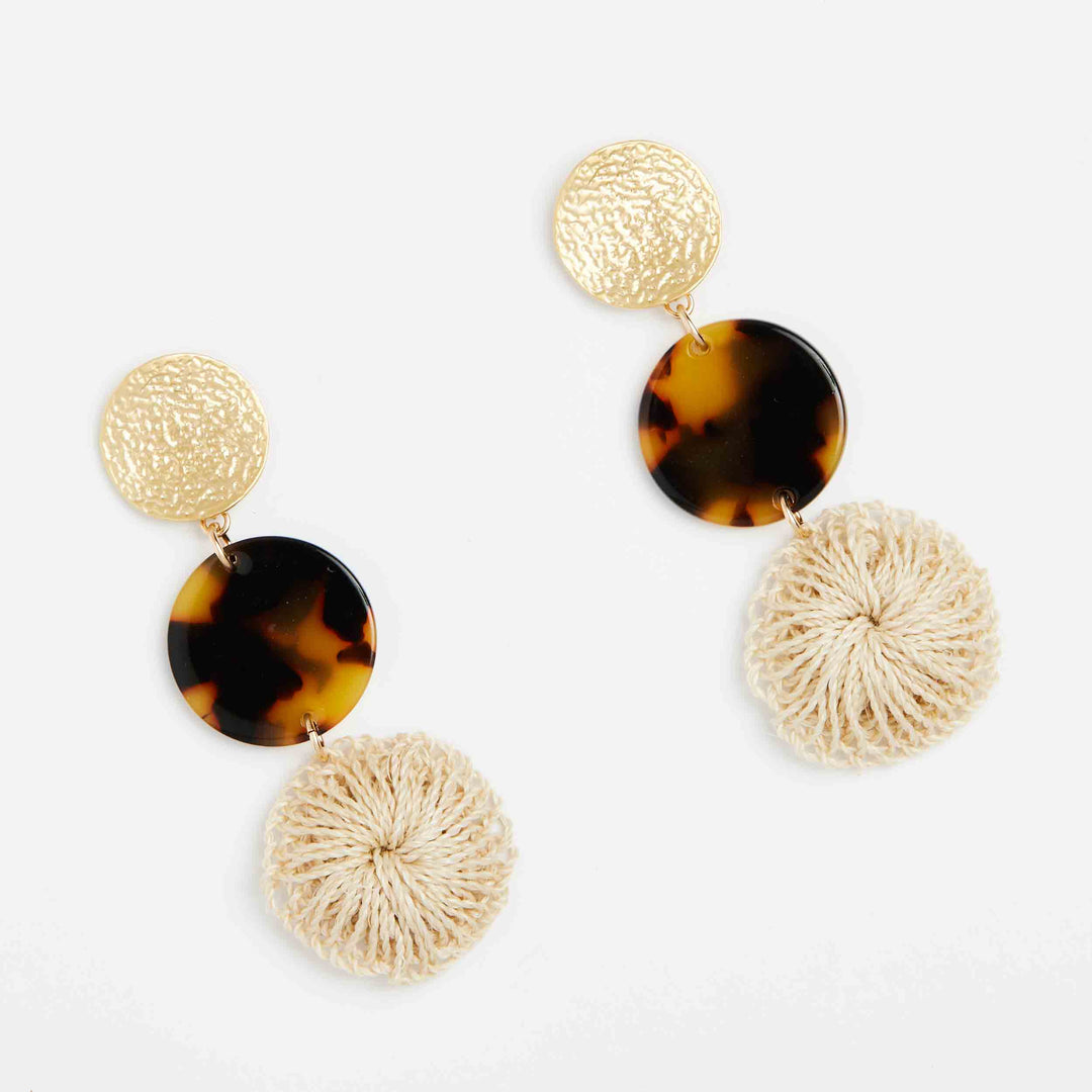 Bilum and Bilas three disc drop earrings with gold, fake turtle shell and textile bead angled view