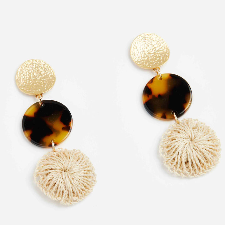 Bilum and Bilas three disc drop earrings with gold, fake turtle shell and textile bead left side view