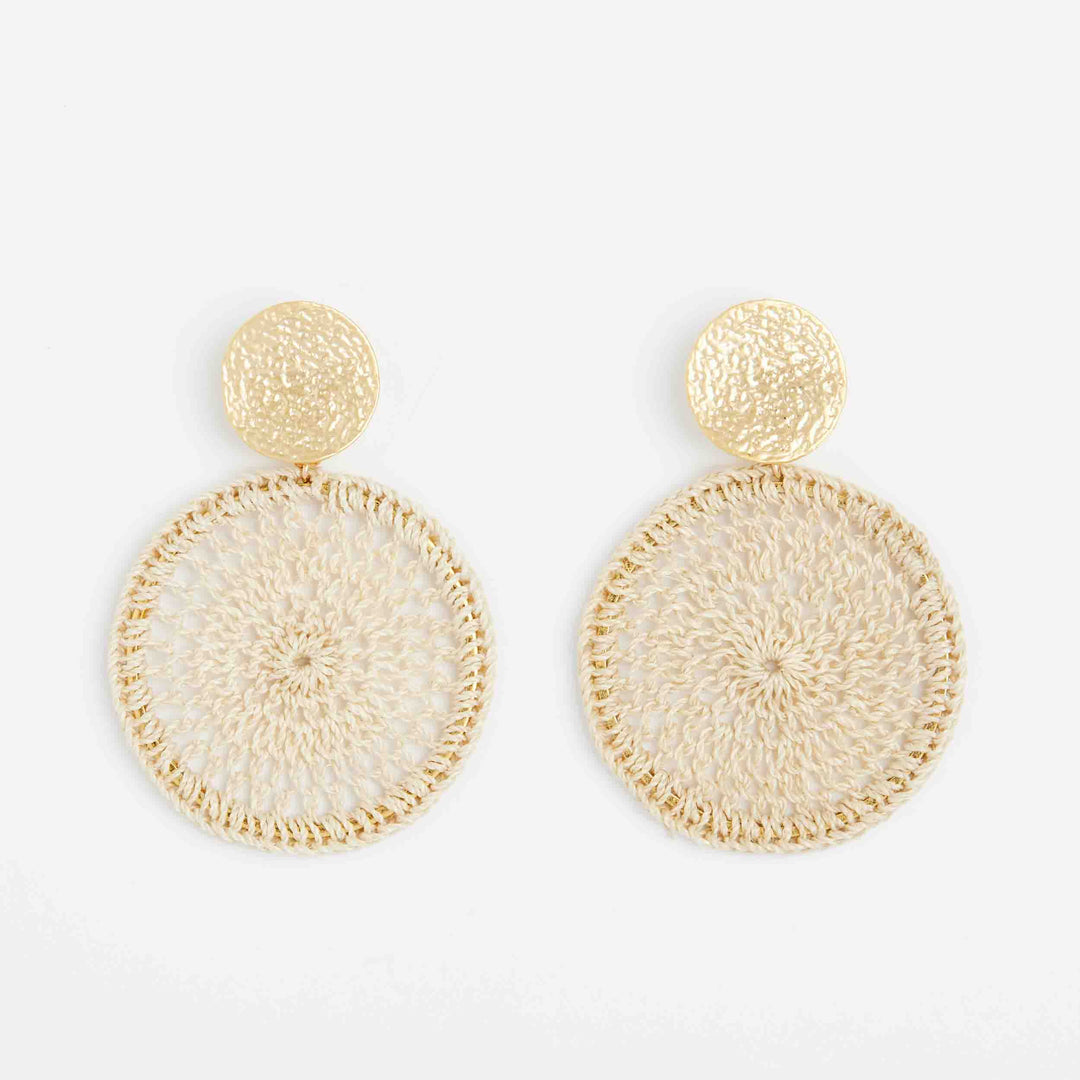 Bilum and Bilas natural fibre and gold disc earrings with metal ear post 