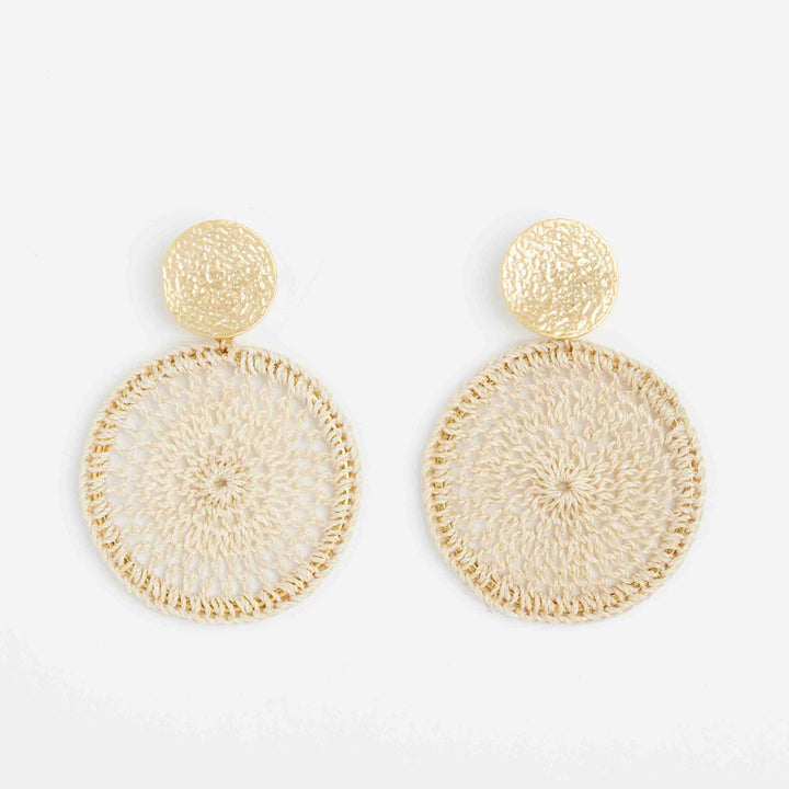 Bilum and Bilas natural fibre and gold disc earrings with metal ear post 
