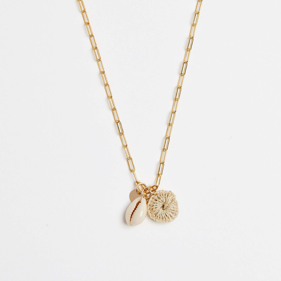Close up on Bilum and Bilas gold filled paperclip chain necklace’s pacific charms