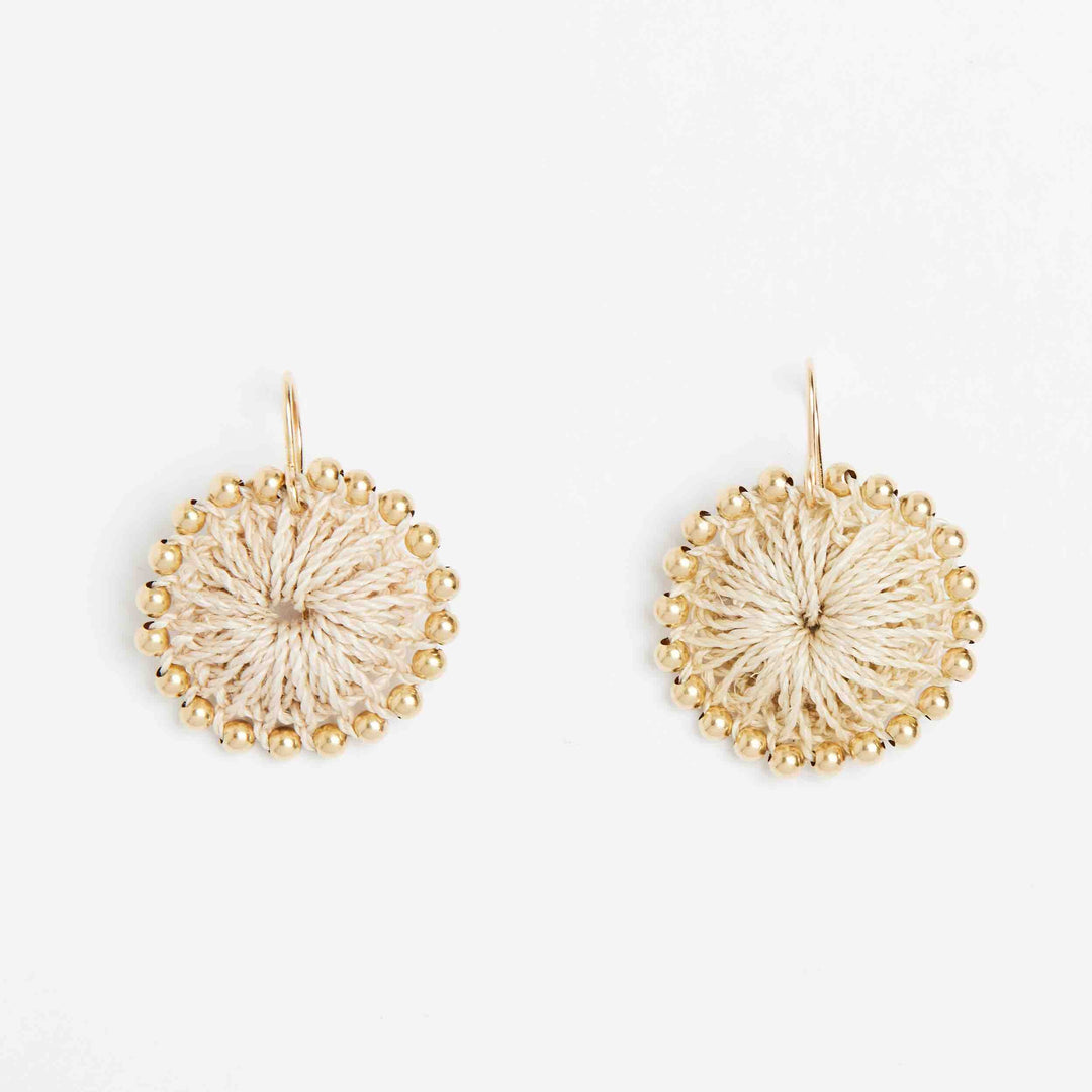 Gold beaded natural woven earring front view  #Gold