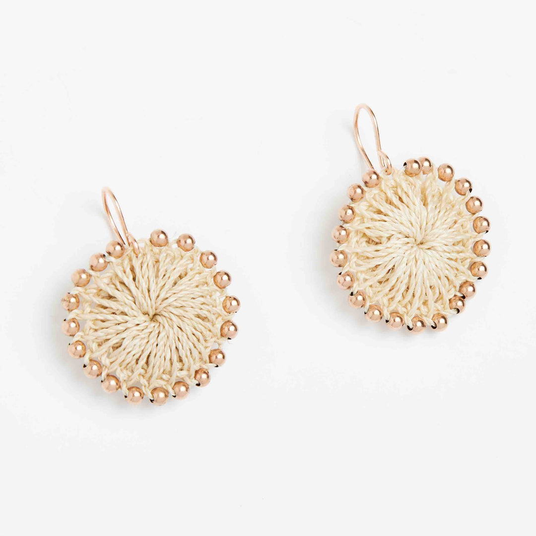 Rose gold beaded natural woven earring side view