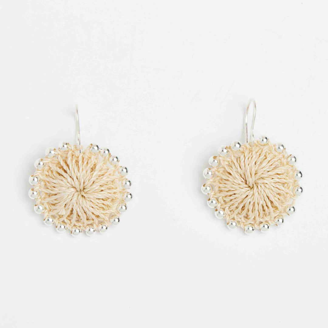 Silver beaded natural woven earring front view  #Silver