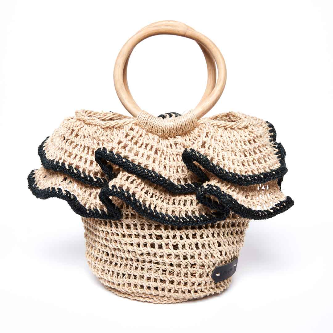 Front of the ripple basket woven basket with woven ruffles with black trims. #Black