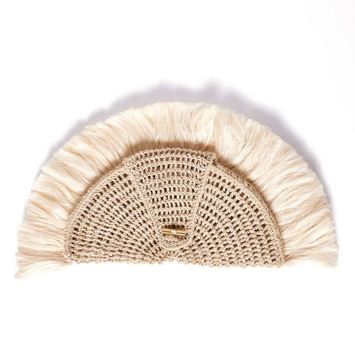 Back of Sing Sing woven and tassel clutch bag.