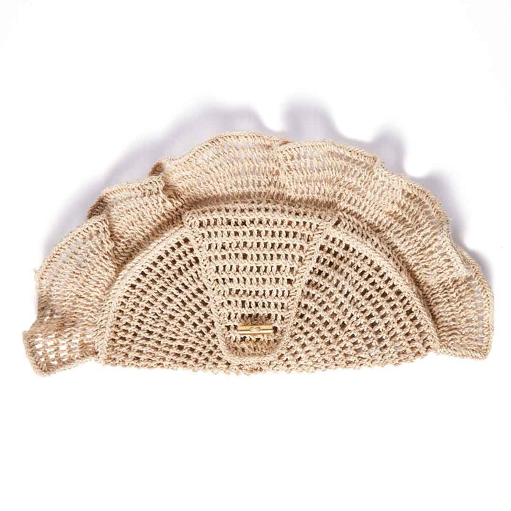 Back view of the fastening on the Ripple Clutch in natural with woven ruffle trims.