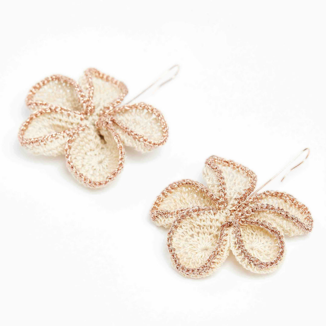 Large rose metallic and natural woven flower earrings side angle #Rose Gold