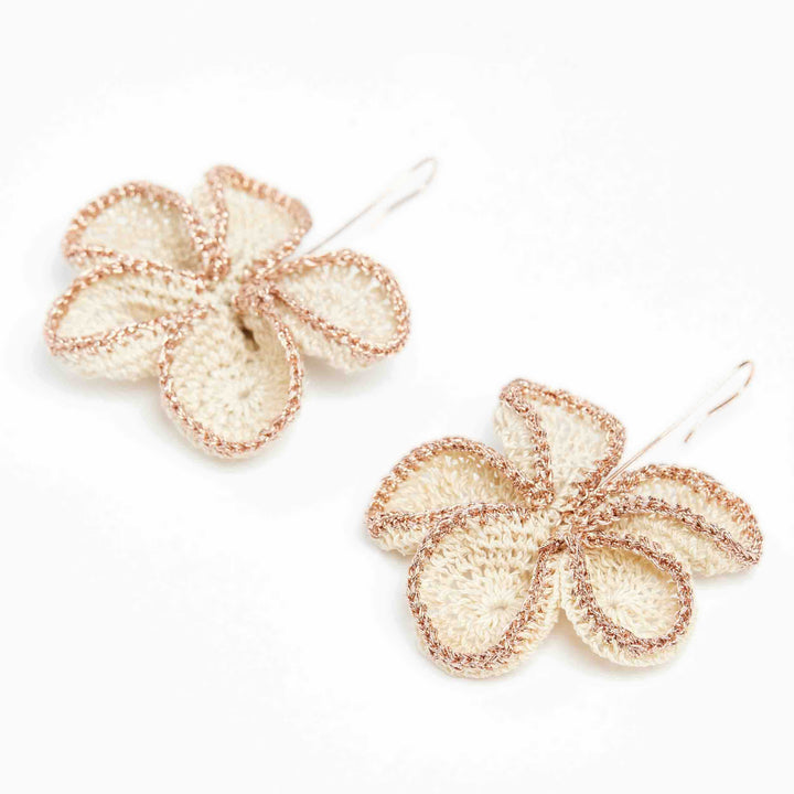 Large rose metallic and natural woven flower earrings side angle #Rose Gold