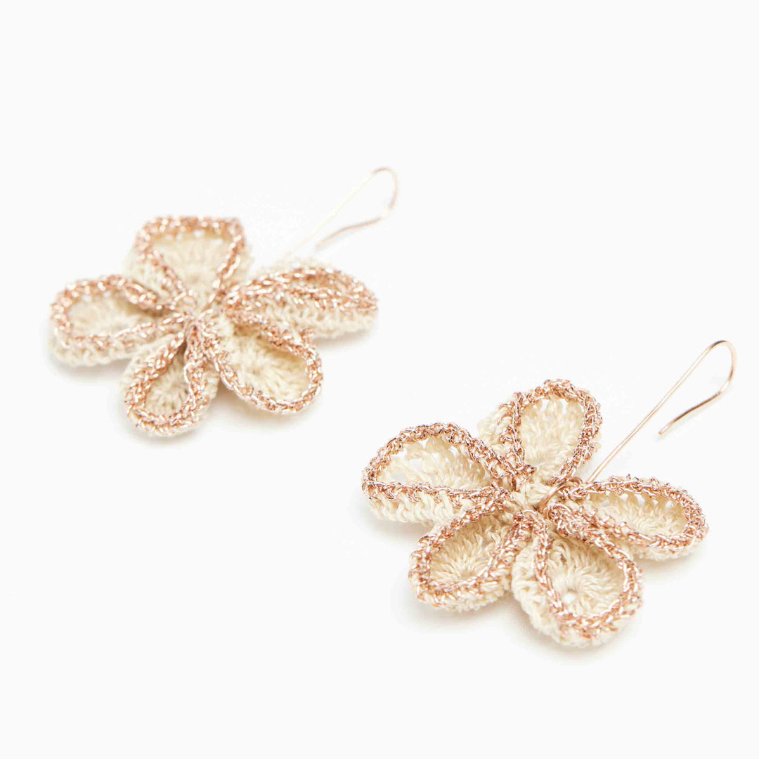 Small rose gold metallic and natural woven flower earrings side #Rose Gold