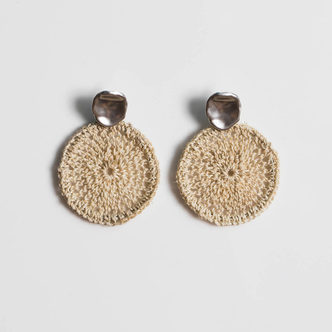 Bilum and Bilas Sowana disc earrings - Crochet woven disc earrings with silver ear post