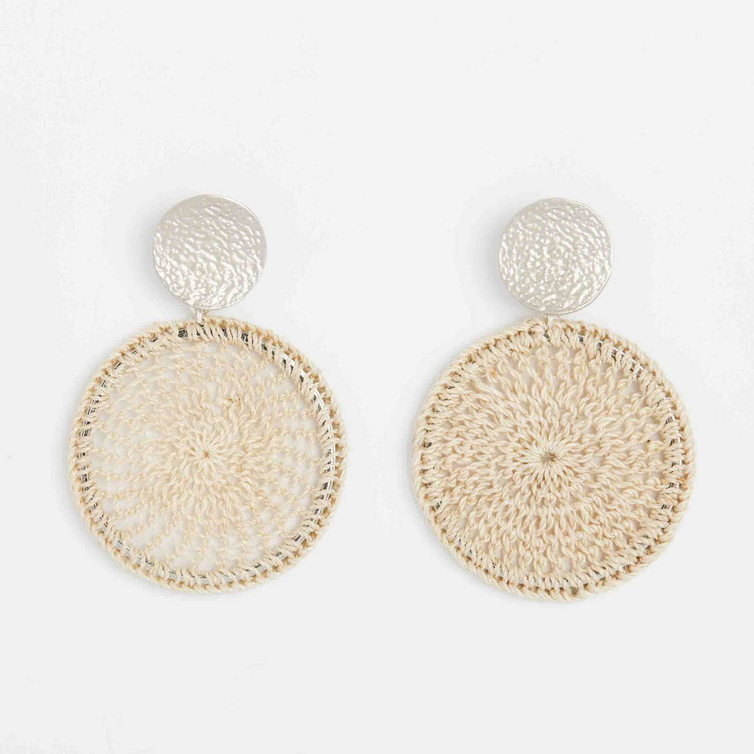 Bilum and Bilas natural fibre and silver disc earrings with metal ear post 