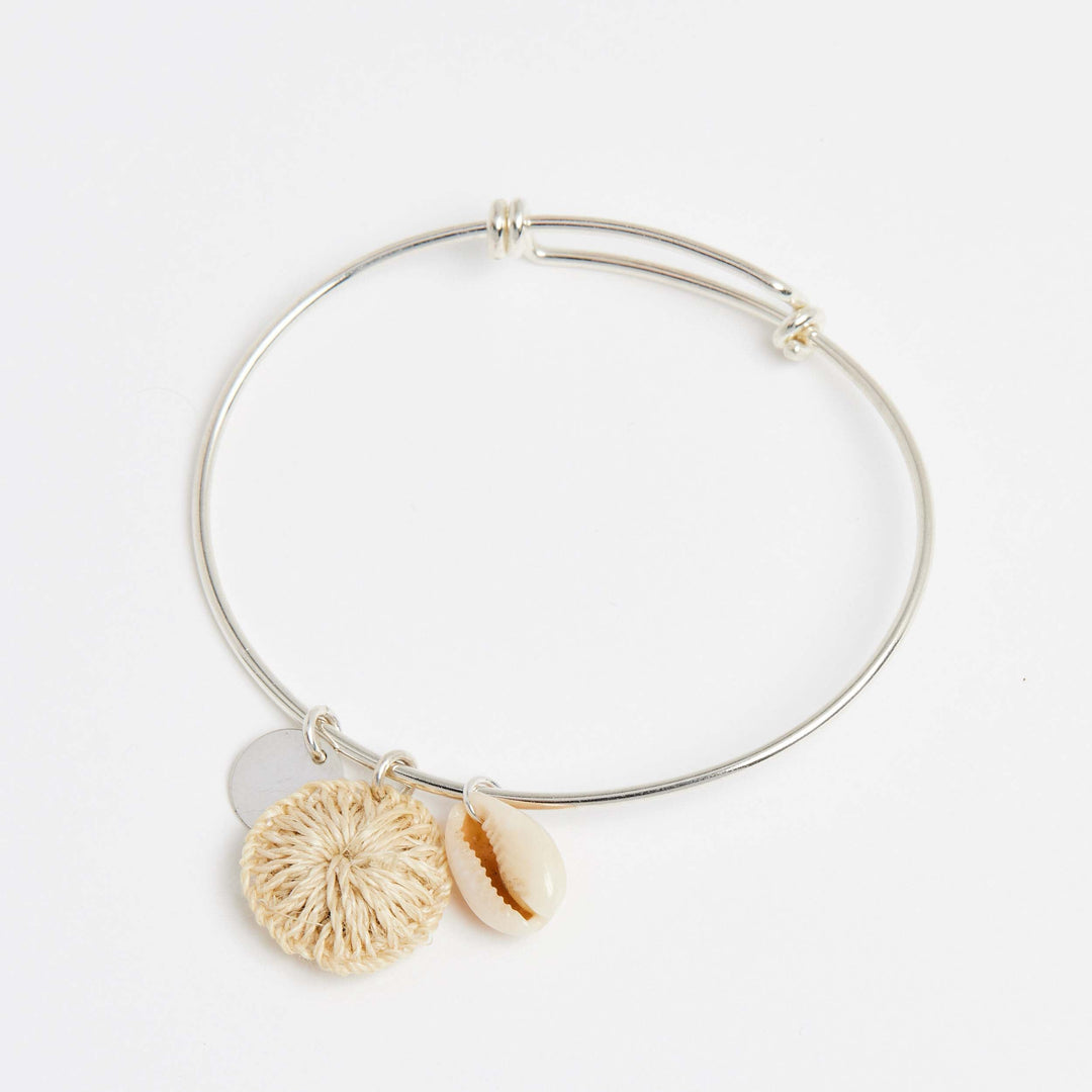 Bilum and Bilas sterling silver adjustable bracelet with shell and natural fibre charms