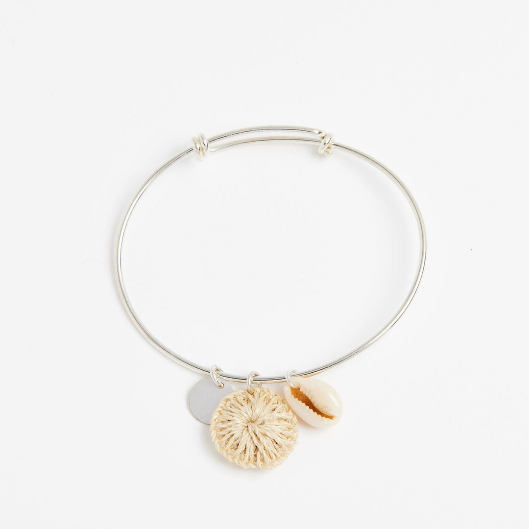 Bilum and Bilas sterling silver adjustable bracelet with shell and natural fibre charms