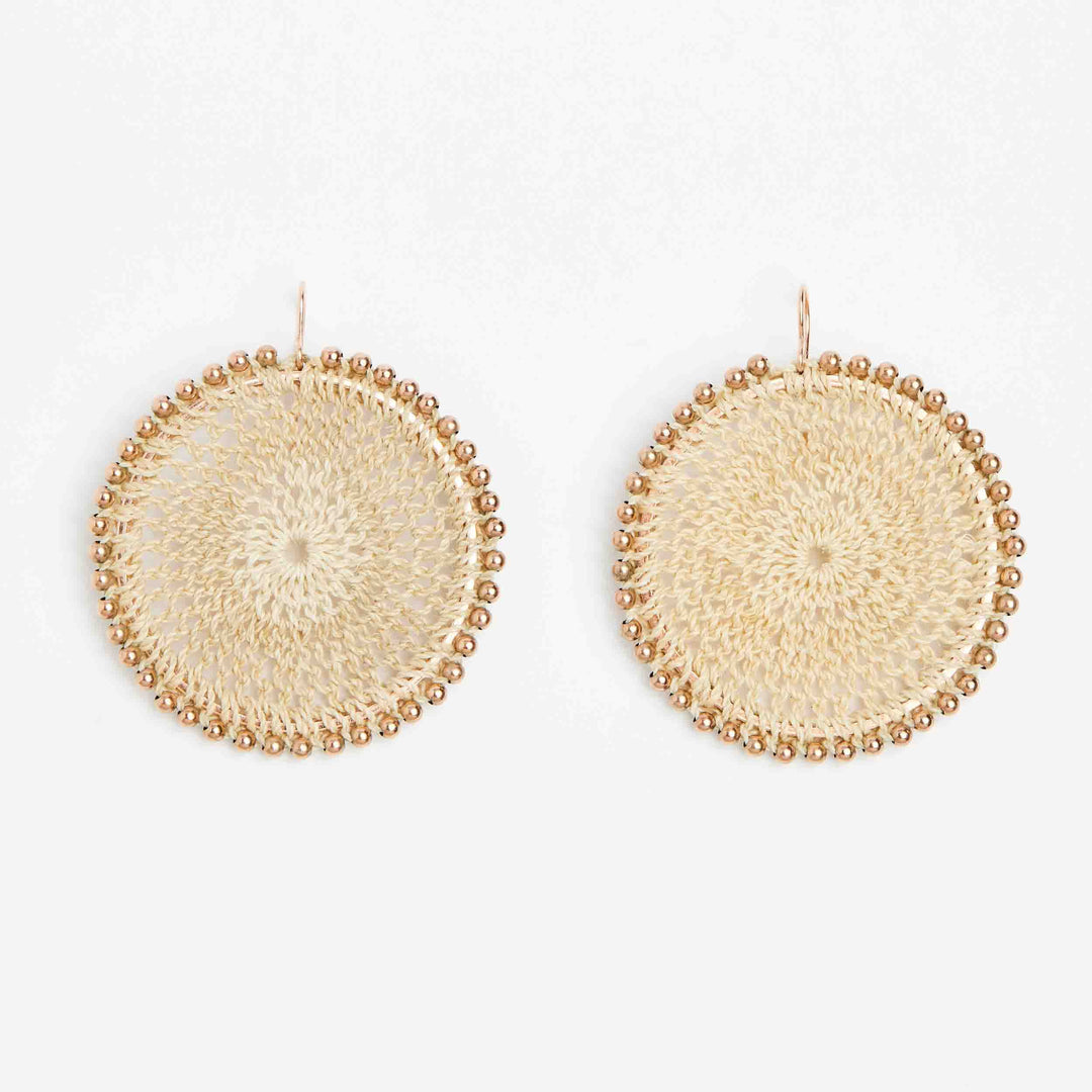 Bilum and Bilas gold beaded woven disc earrings with ear hooks