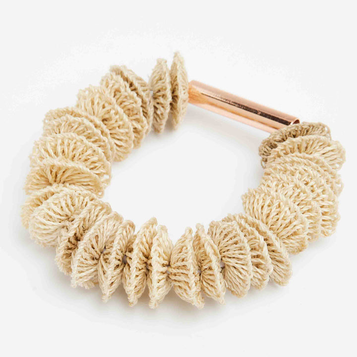 Bilum and Bilas Lewa stretch textile bead bracelet with a rose gold bead side view