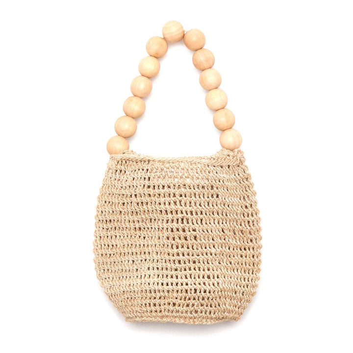 woven mini bag with beaded handle on whiite background