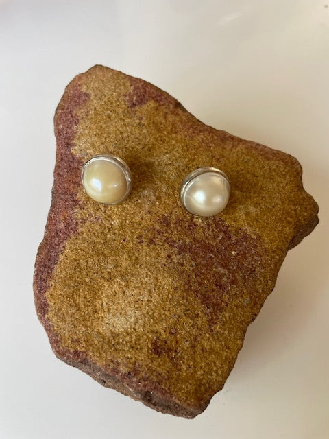 Half Pearl and Sterling Silver Studs