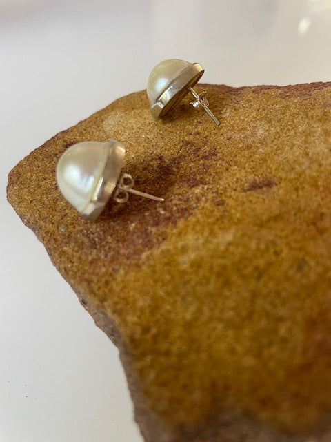 Half Pearl and Sterling Silver Studs