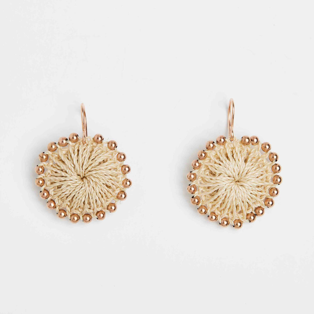 Close up handwoven disc earrings with rose gold filled beading  #Rose gold