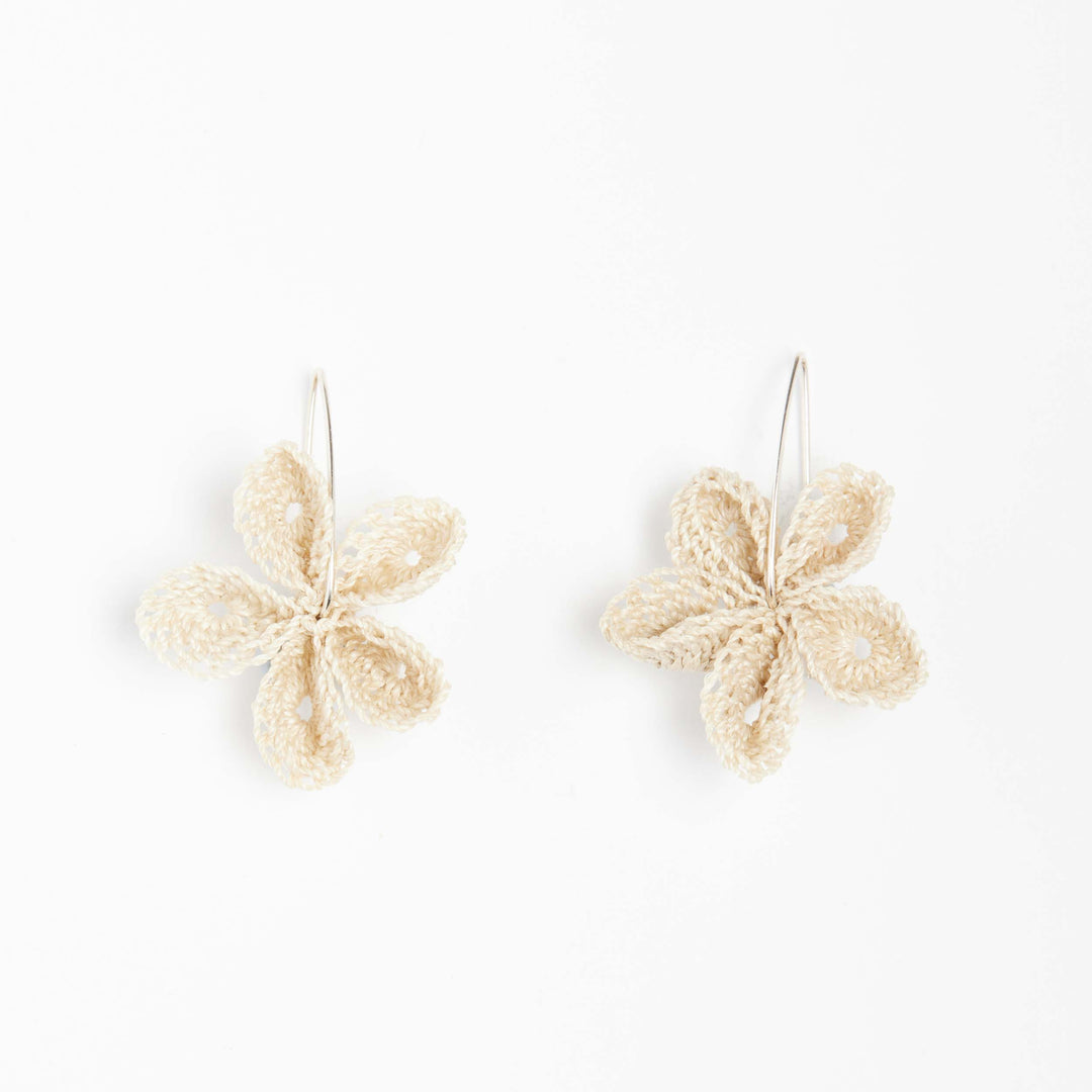 Minimalist Silver ear wire style earrings with handwoven crocheted flower
