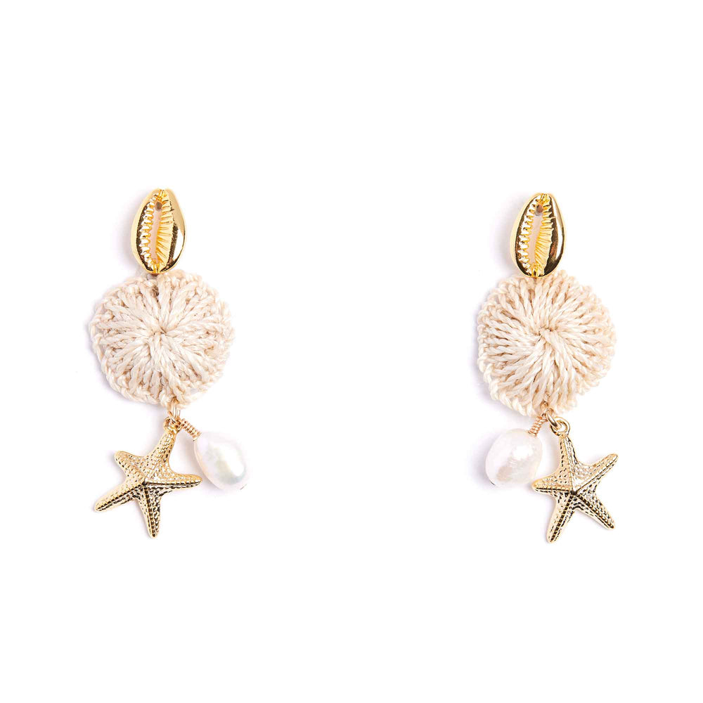 Pair of earrings with starfish and shell designs on a white background