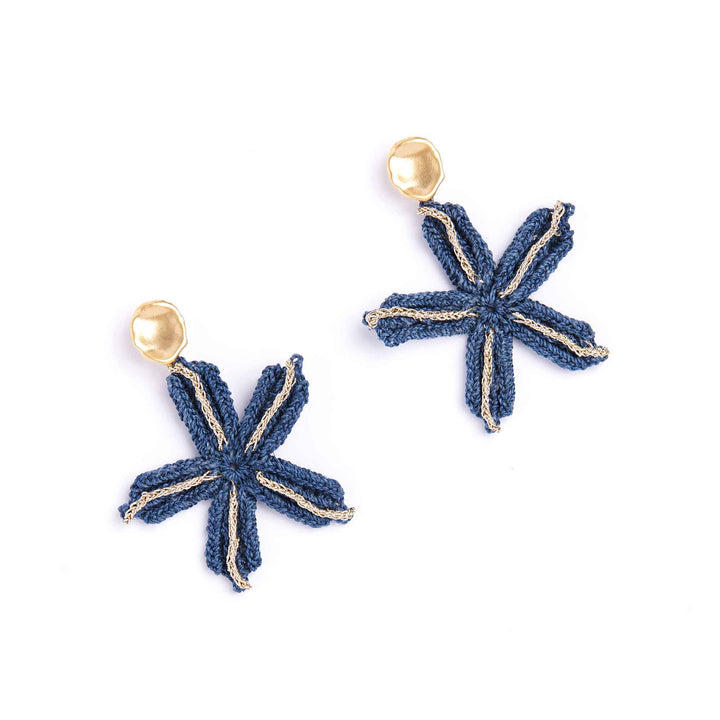 Pair of blue star-shaped earrings with gold accents on a white background
