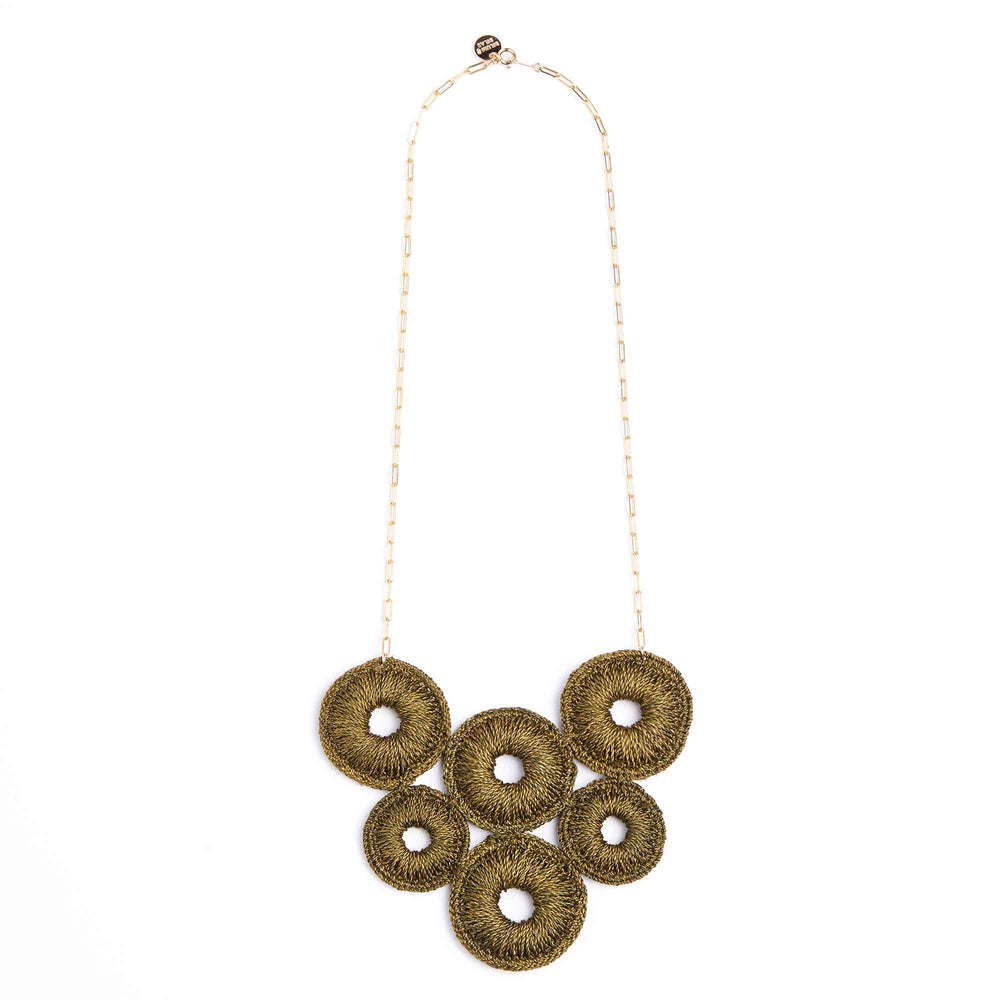 Necklace with gold circular pendants on a white background