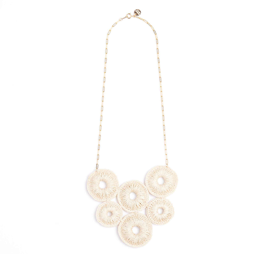Necklace with circular, textured pendants on a white background