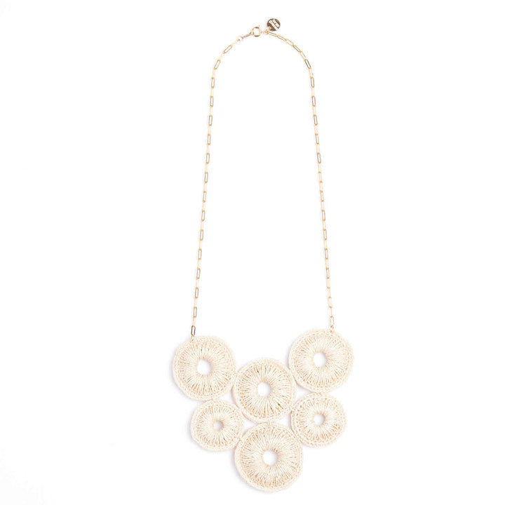 Necklace with circular, textured pendants on a white background
