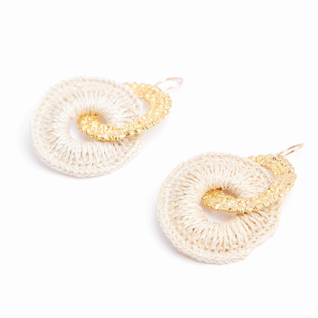Pair of earrings with white crocheted design and gold accents on a white background