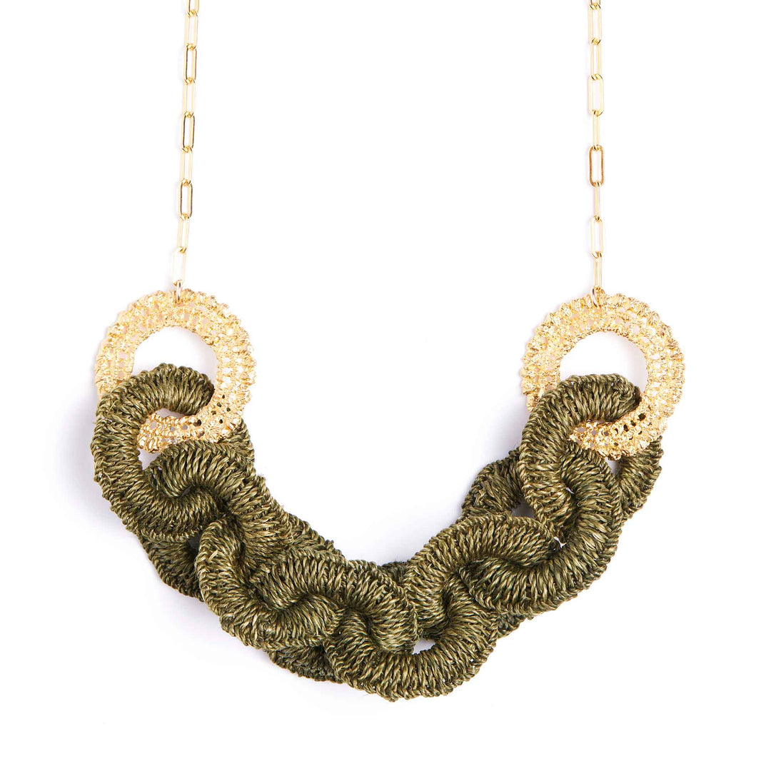 Necklace with gold rings and green braided design on a white background