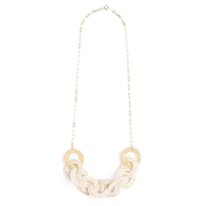 Necklace with gold rings and beige rope-like design on a white background